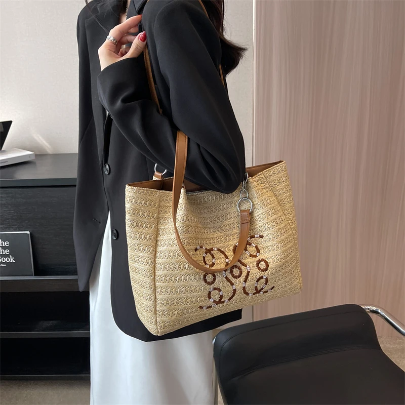 Женская модная соломенная тканая сумка, новинка, простые женские повседневные сумки на одно плечо большой емкости, сумки для поездок на работу Изображение 1