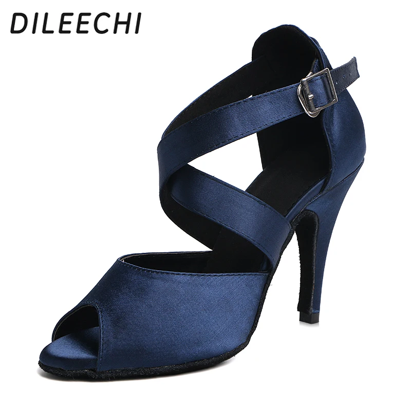 Туфли для латиноамериканских танцев DILEECHI, темно-синие атласные женские туфли на высоком каблуке 10 см, мягкая подошва Изображение 0