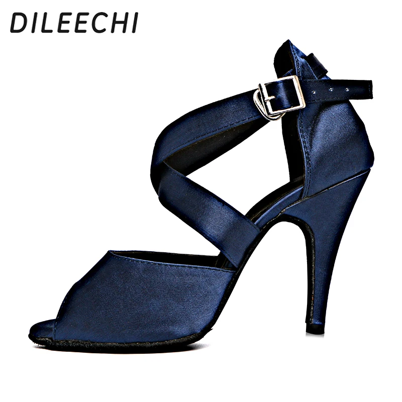 Туфли для латиноамериканских танцев DILEECHI, темно-синие атласные женские туфли на высоком каблуке 10 см, мягкая подошва Изображение 1