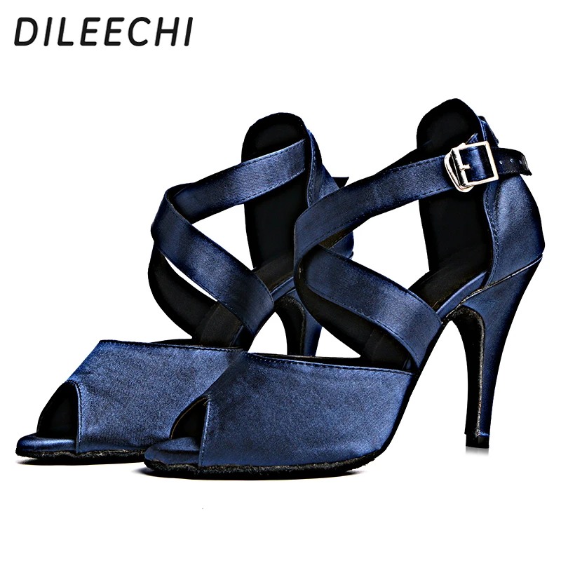 Туфли для латиноамериканских танцев DILEECHI, темно-синие атласные женские туфли на высоком каблуке 10 см, мягкая подошва Изображение 3
