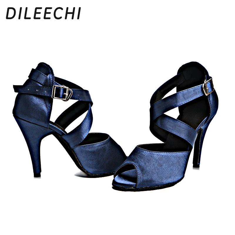 Туфли для латиноамериканских танцев DILEECHI, темно-синие атласные женские туфли на высоком каблуке 10 см, мягкая подошва Изображение 4