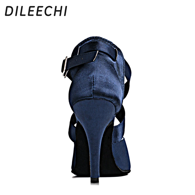 Туфли для латиноамериканских танцев DILEECHI, темно-синие атласные женские туфли на высоком каблуке 10 см, мягкая подошва Изображение 5
