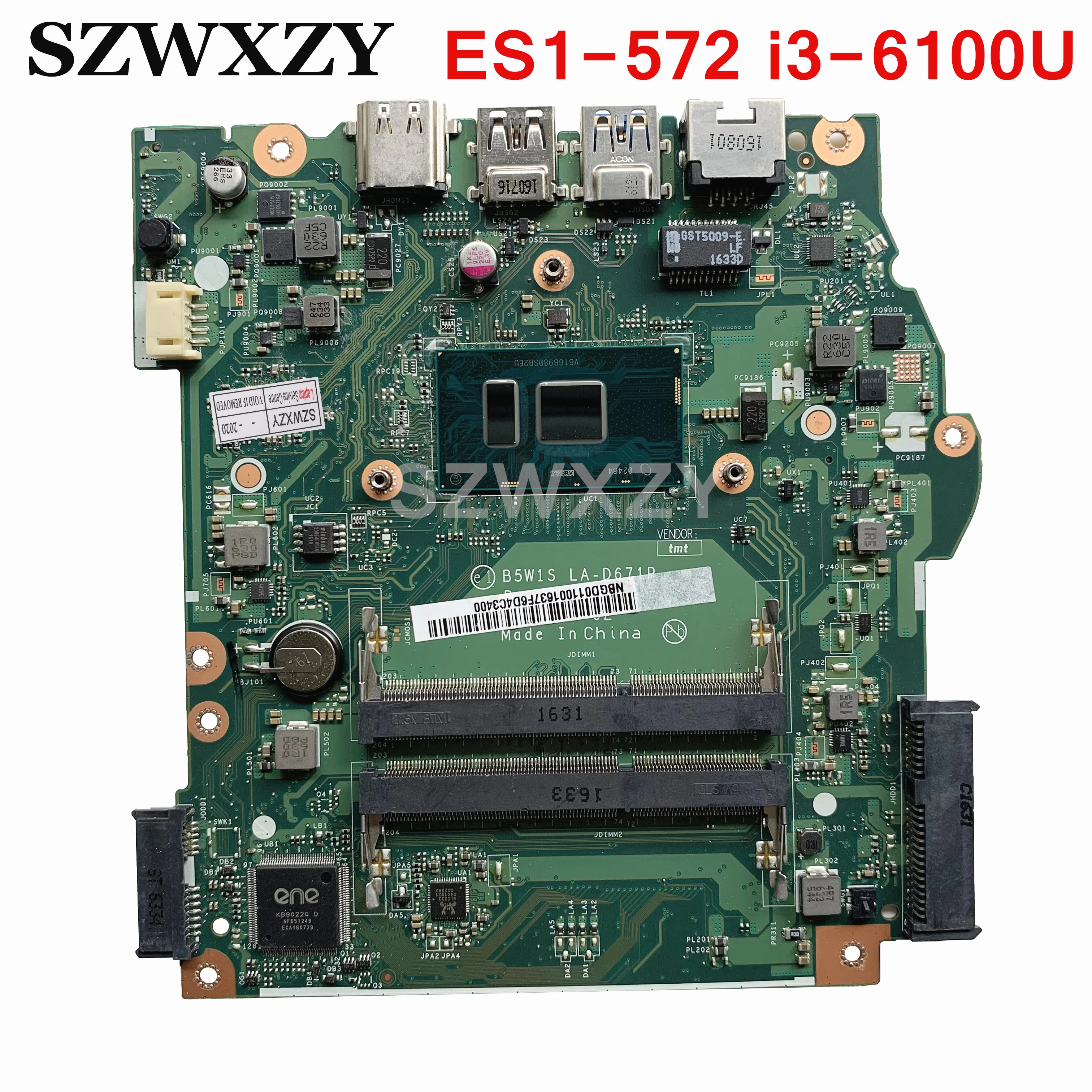 Восстановленная материнская плата для ноутбука ACER Aspire ES1-572 B5W1S LA-D671P NBGD011001 NB.GD011.001 SR2EU i3-6100U i3-6006U CPU DDR3L Изображение 0