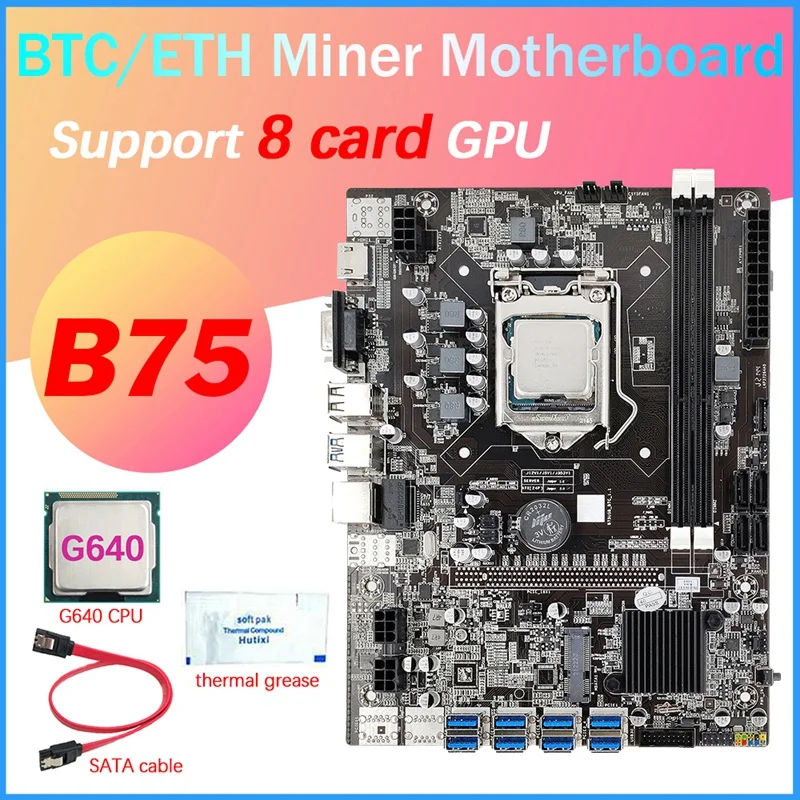 НОВИНКА-Материнская плата для майнинга BTC с 8 картами B75 + процессор G640 + термопаста + Кабель SATA 8XUSB3.0 (PCIE 1X) Слот для графического процессора LGA1155 DDR3 RAM MSATA Изображение 0