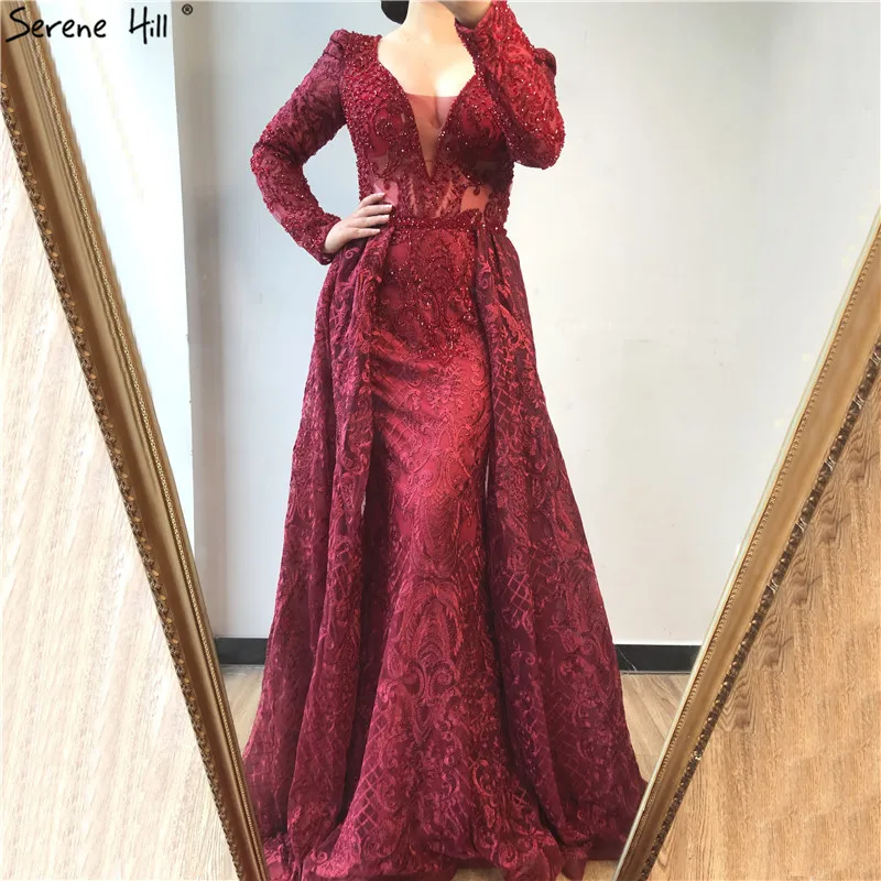 Serene Hill Dubai Бордовое роскошное вечернее платье-русалка, расшитое бисером, 2023, вечернее платье с V-образным вырезом и длинными рукавами, плюс размер CLA70159 Изображение 0