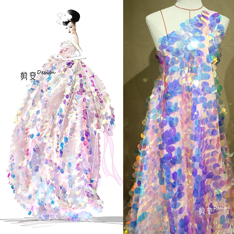 Креативная Чешуйчатая Русалка с крупными блестками, преувеличивающими дизайнерскую ткань, Лазерная Фантазийная сетчатая ткань для платья Изображение 0