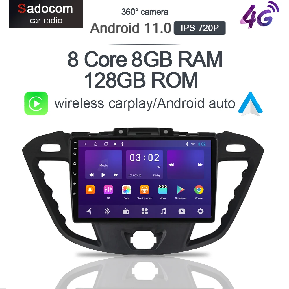 HD 1280*720 8G + 128G 8 Core DSP Android 11,0 Автомобильный DVD-плеер GPS Карта WIFI Bluetooth 5,0 RDS Радио Для Ford Transit Custom 2013-2018 Изображение 0