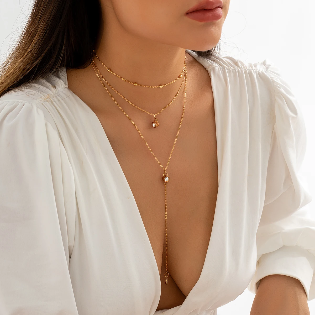 IngeSight.Z Многослойный Хрустальный кулон, ожерелье с длинной кисточкой для женщин, сексуальные винтажные Золотые бусины CCB, ювелирные изделия на тонкой цепочке на груди Изображение 3