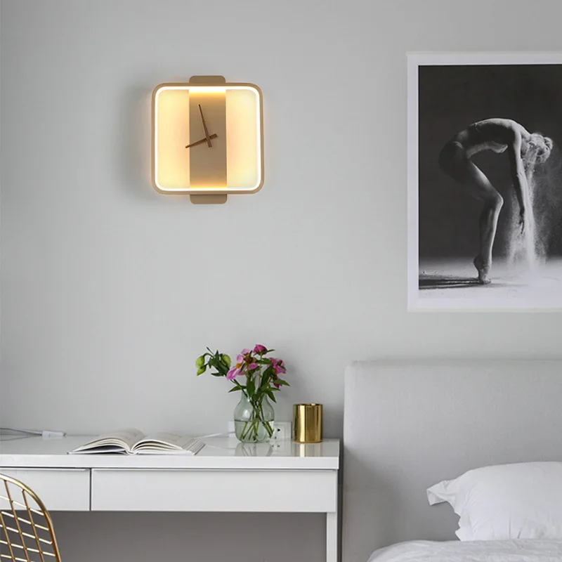 Прикроватные часы в скандинавском стиле для спальни, настенный светильник для гостиной, настенный светильник для коридора, настенные часы, лампа для домашнего декора Изображение 2