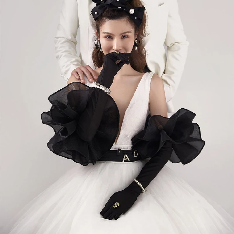 Для Новобрачных Свадебное платье Длинные перчатки Черное вечернее платье Перчатки Перчатки для фотосъемки Банкетные перчатки Изображение 3