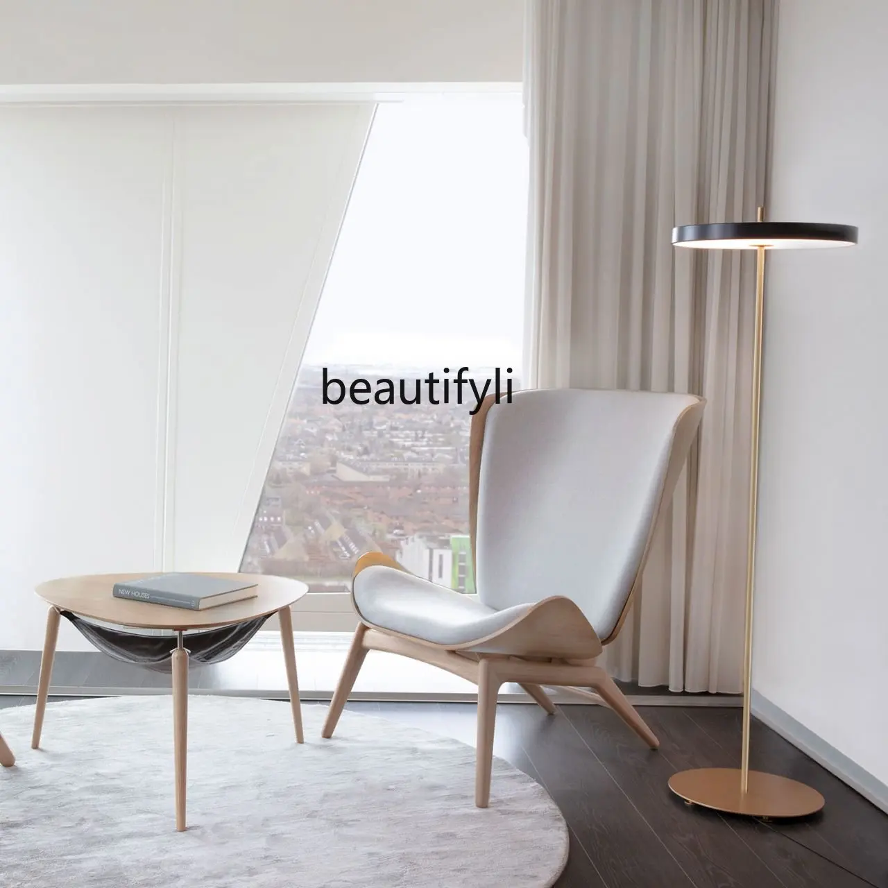 LM Nordic Современная светлая Роскошная гостиная, Спальня, Офис продаж, Кресло для отдыха с деревянными ножками Изображение 4
