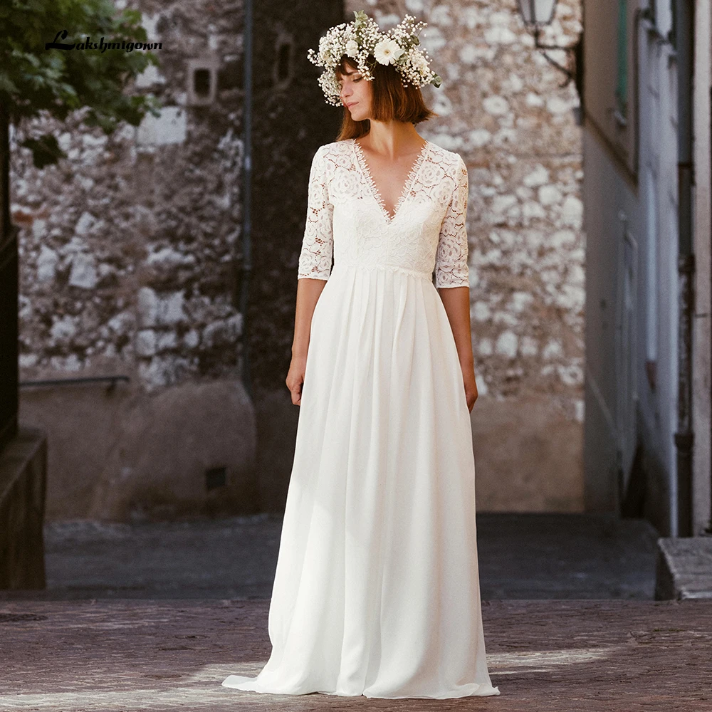 Простое богемное свадебное платье с короткими рукавами, французское кружевное свадебное платье цвета слоновой кости в стиле бохо, 2022 год, Robe de mariee Изображение 0