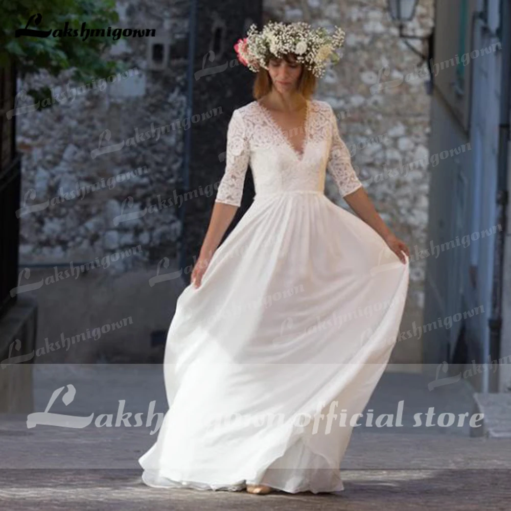 Простое богемное свадебное платье с короткими рукавами, французское кружевное свадебное платье цвета слоновой кости в стиле бохо, 2022 год, Robe de mariee Изображение 1