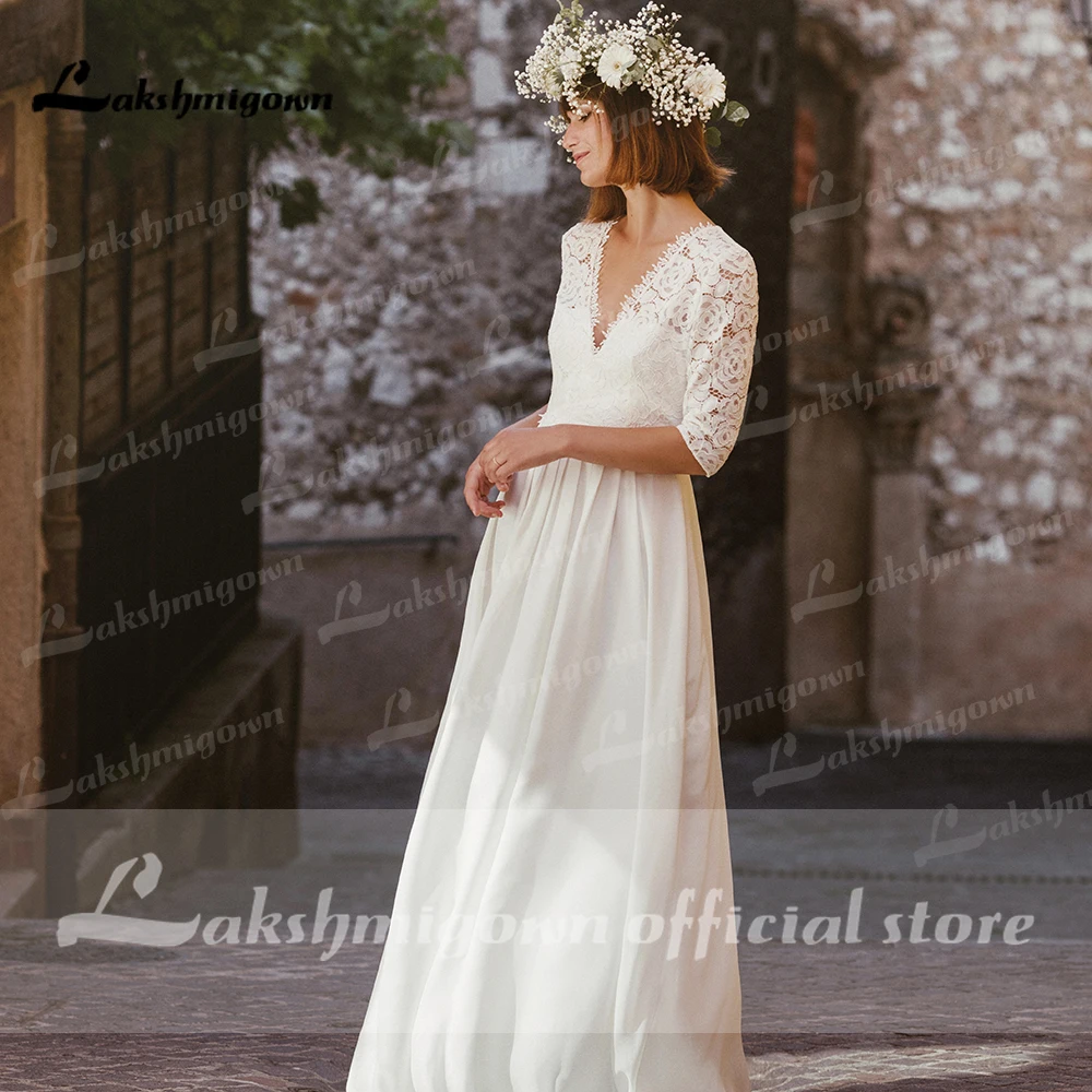 Простое богемное свадебное платье с короткими рукавами, французское кружевное свадебное платье цвета слоновой кости в стиле бохо, 2022 год, Robe de mariee Изображение 3
