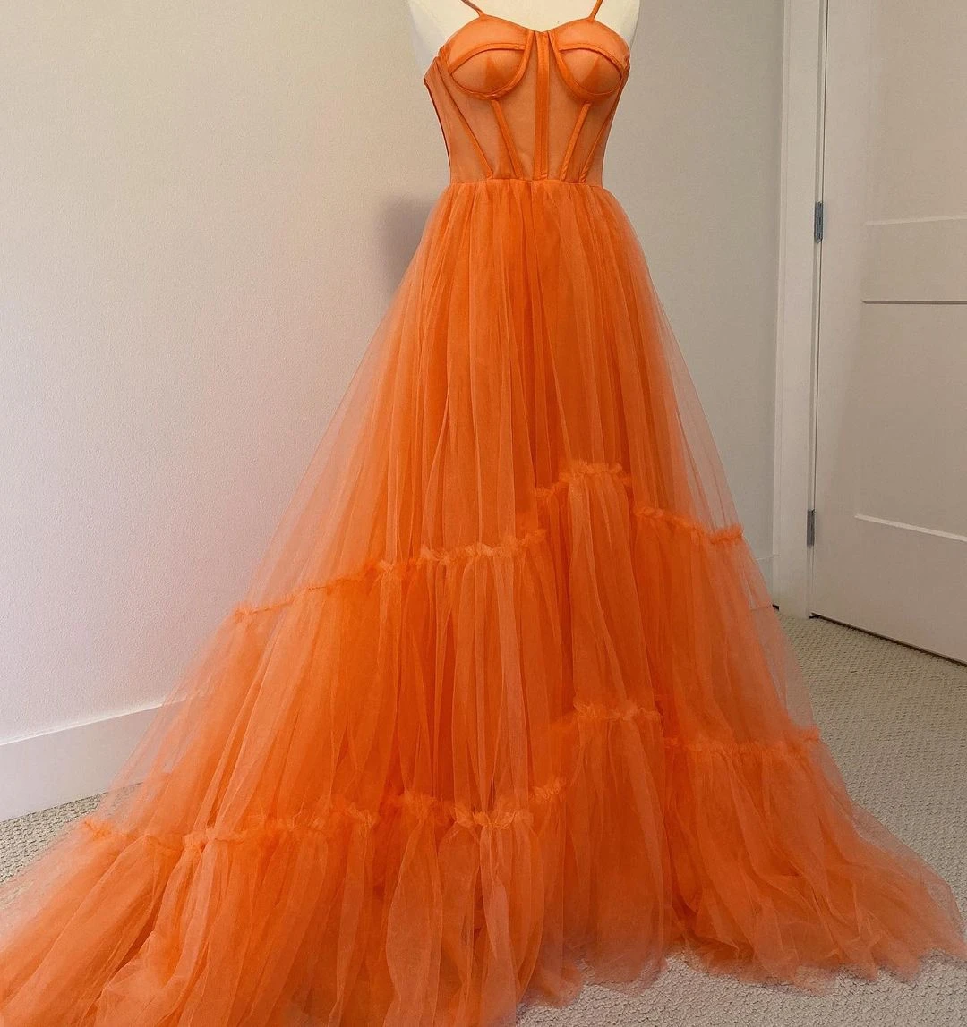 Оранжевые платья на бретельках для выпускного вечера, многослойное вечернее платье из пушистого тюля на шнуровке сзади, со шлейфом, женское платье большого размера Изображение 4