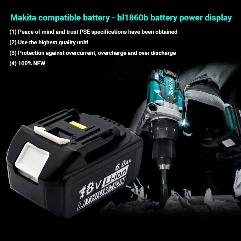 100% Оригинальная Аккумуляторная Батарея Электроинструментов Makita 18V 6000mAh со Светодиодной Литий-ионной Заменой LXT BL1860B BL1860 BL1850 BL 1830 Изображение 4
